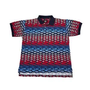 Vintage 90s Tabasco Polo All Over Print AOP Fish Chilies Men's Large Blue Red